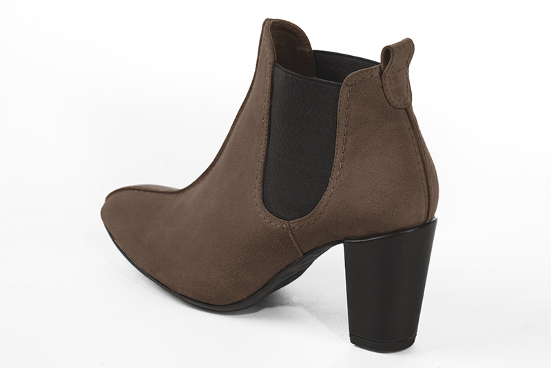Women's chocolate brown and dark brown elegant Chelsea ankle boots, with side elastics. Round toe. High block heels - Rear view